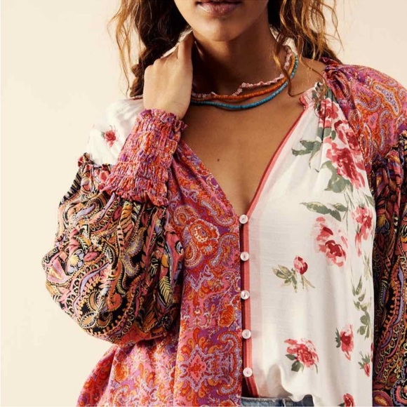 FREE PEOPLE Gemini Vintage Combo Long Sleeve Blouse size Small - Picture 2 of 10